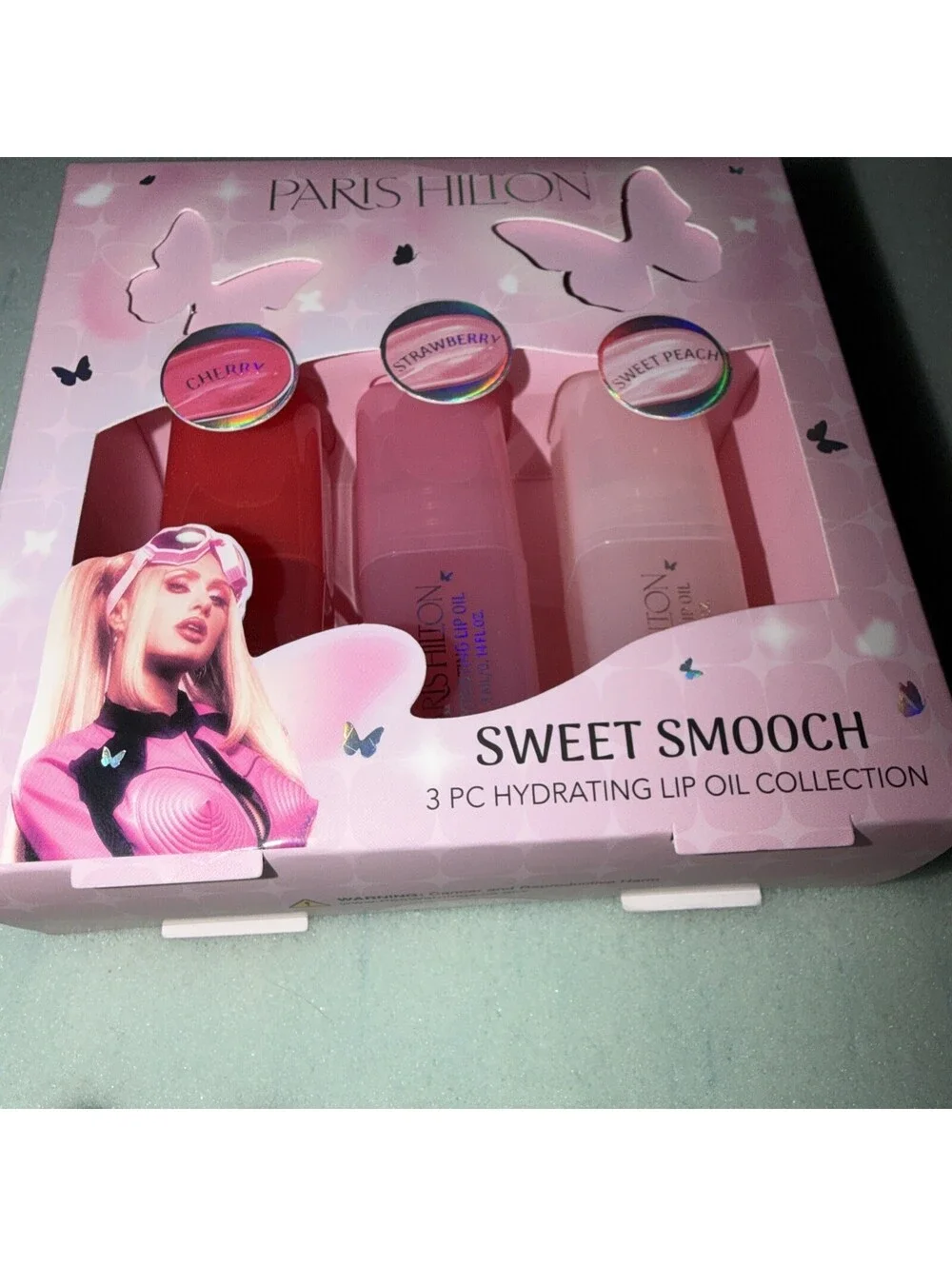 Paris Hilton Sweet Smooch 3 Pc Hydrating Lip Oil Set Cherry Strawberry Peach New